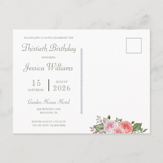 フェミニンフローラ&ダイヤモンド30歳の誕生日 インビテーションポストカード (裏面)