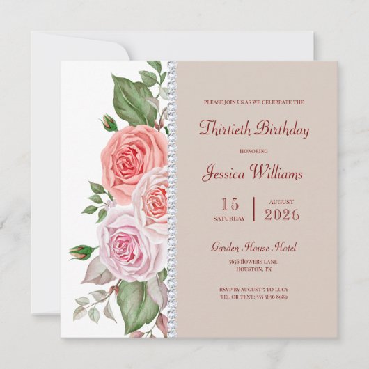 フェミニンフローラ&ダイヤモンド30歳の誕生日 招待状 (正面)
