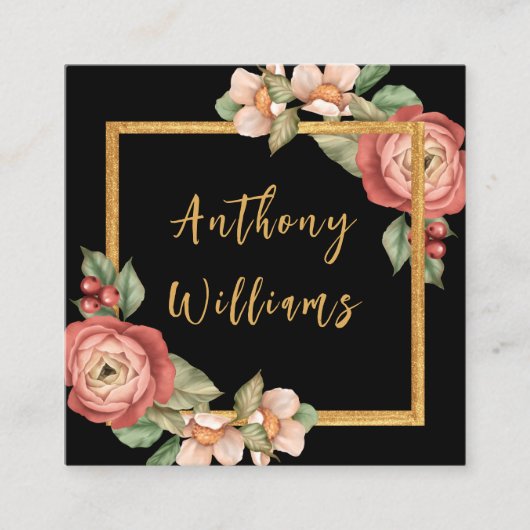フェミニンヴィンテージフローラ縁ど金ゴールド赤面 スクエア名刺 (正面)