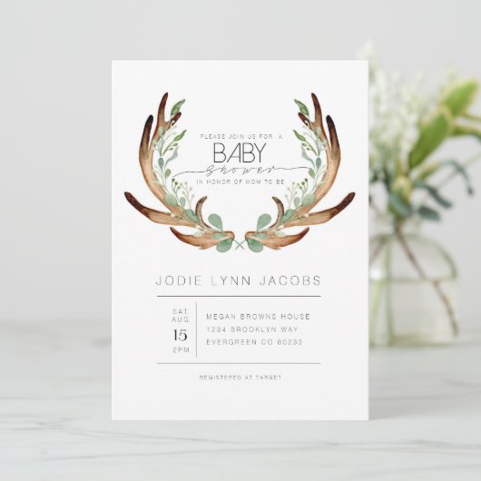 フェミニン素朴〔雄ジカの〕枝角 |水彩赤ちゃんシャワー 招待状 (スタンド正面)