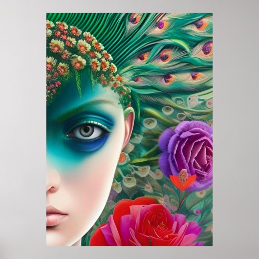 フェミニン美しいティール（緑がかった色）羽毛のアドレス ポスター (正面)