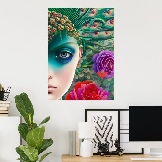 フェミニン美しいティール（緑がかった色）羽毛のアドレス ポスター (ホームオフィス)