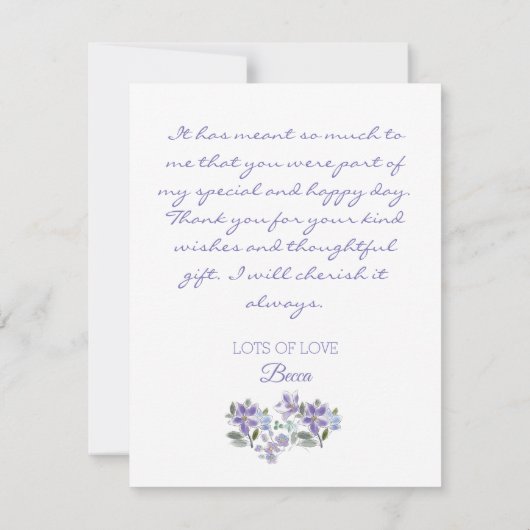 フェミニン薄紫フローラブライダルシャワーサンキューカード (裏面)