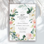 フェミニン赤面バラフローラ40th誕生日パーティー 招待状<br><div class="desc">赤面のピンクと白いフェミニン水色のバラと後ろに続く緑のリースに囲まれた美しい40歳の誕生日のパーティの招待状。色の組み合わせは明フェミニンるく、楽しいお祝いのためにゲストを準備する。イベント詳細に表示されているサンプル文字を置き換えて、デザインテンプレートでパーソナライズ。この招待テンプレートは、年齢を問わず「40th」をパーソナライズすることで、年齢を問わず使用できる。</div>