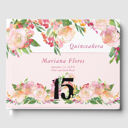 フェミニン赤面ピンクと金ゴールドフローラ15誕生日 ゲストブック (正面)