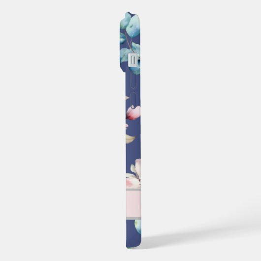 フェミニン赤面ピンクの花ブルーフォンケース iPhoneケース (左側面)