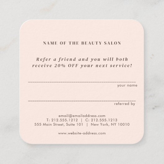 フェミニン赤面ピンクサロン&スパ紹介カード スクエア名刺 (裏面)