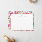 フェミニン赤面ピンクティール（緑がかった色）牡丹バラガーリーフローラ ノートカード (正面/裏面インサイチュ)