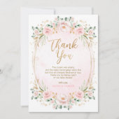 フェミニン赤面ピンク金ゴールドフローラベビーガールシャワー サンキューカード (正面)