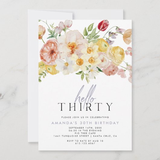 フェミニン赤面フローラワイルドフラワーサーティー誕生日 招待状 (正面)