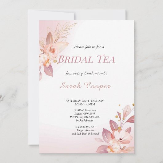 フェミニン赤面金ゴールドフローラブライダルシャワー茶パーティー 招待状 (正面)