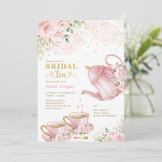 フェミニン赤面金ゴールドフローラブライダルシャワー茶パーティー 招待状 (スタンド正面)