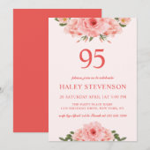 フェミニン ウォーターカラー コーラル シック フラワーデザイン 95歳 誕生日 招待状 (正面/裏面)