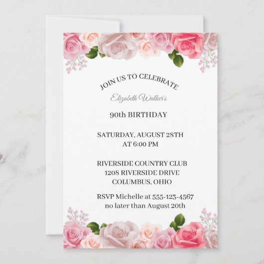 フェミニンPink Roses 90th Birthday Party招待 招待状 (正面)