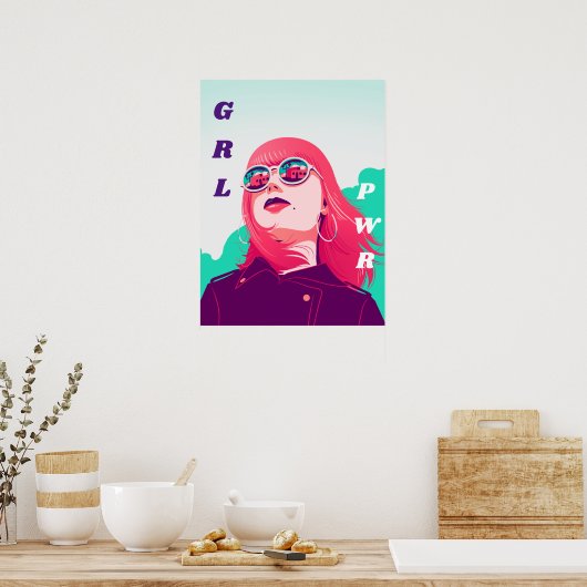 フェミモダンニスト女子ピンクヘアGRLパワーPWR クール ポスター (キッチン)