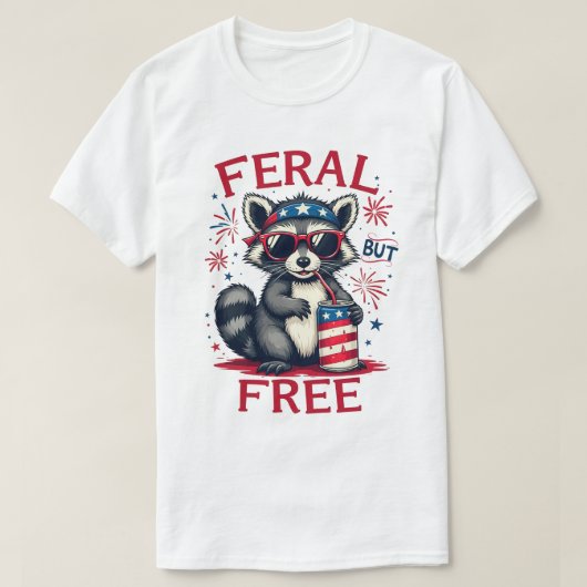 フェラルが自由おもしろい愛国アライグマ7月4日 Tシャツ (デザイン正面)
