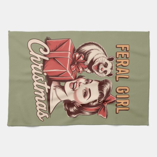 フェラルガールクリスマスオポッサムクリスマストラシーレトロ キッチンタオル (横)