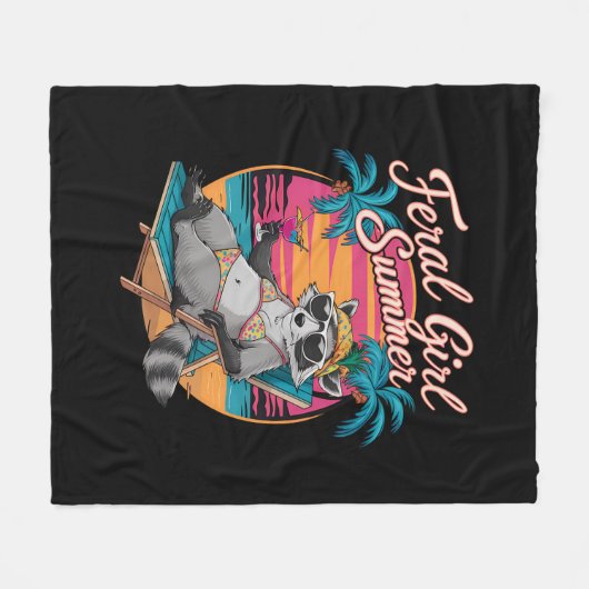 フェラルガールサマービーチおもしろいラクーン フリースブランケット (正面(横))