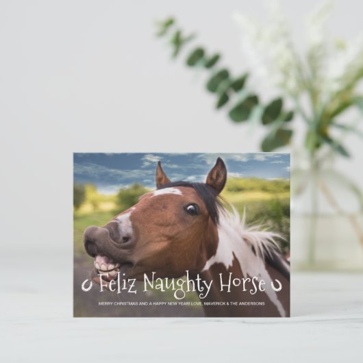 フェリいけなスパーソナライズされた馬のおもしろいペット写真 シーズンポストカード (スタンド正面)