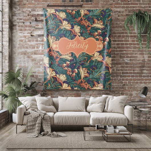 フェリシティヴィンテージピーチフローラアールヌーボー フリースブランケット