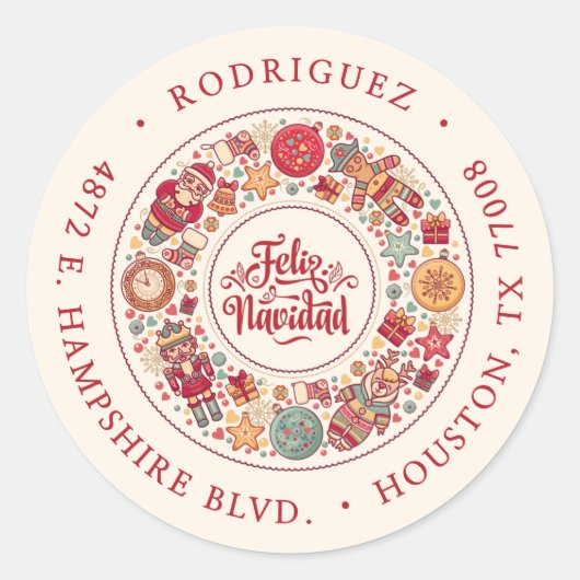 フェリズナビダッドリースUSAレッド差出人住所ラベル ラウンドシール (正面)