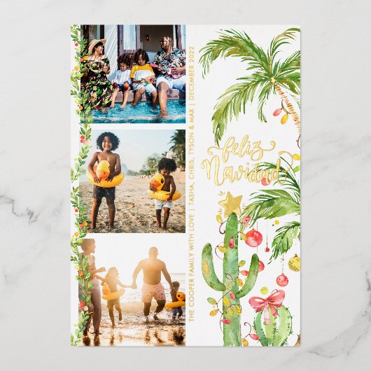 フェリズナビダッド |サボテンのクリスマスフォトコラージュ 箔シーズンカード (正面)