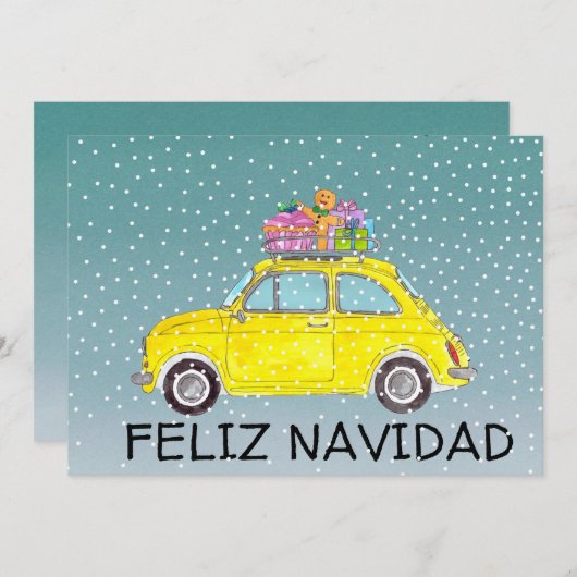 フェリズナビダードスペインのクリスマスイエローフィアット500 シーズンカード (正面/裏面)