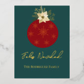 フェリズナビダードメリークリスマスレッドオーナメントホリデー 箔シーズンポストカード (正面)