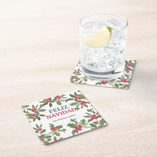 フェリズナビダードレッドホリーベリーのクリスマス スクエアペーパーコースター (インサイチュ)