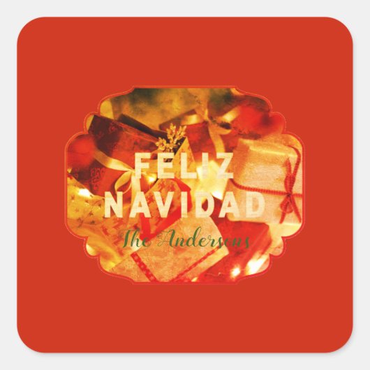 フェリズナビダードレッド金ゴールドモダンメリークリスマス スクエアシール (正面)