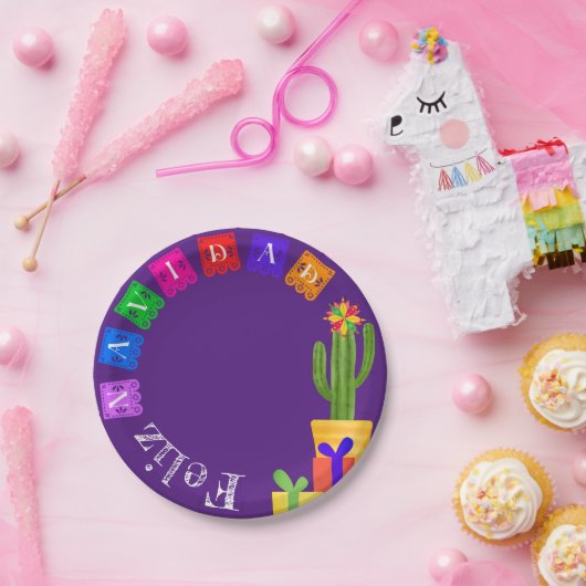 フェリズナヴィダフィエスタグリーンサボテンOn紫 ペーパープレート (パーティー)
