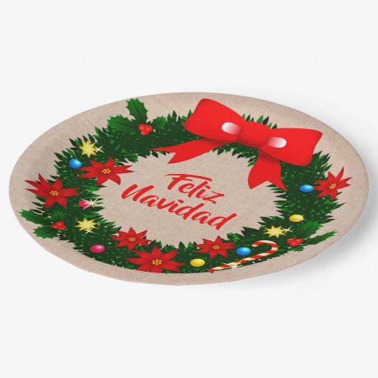フェリズ・ナビダッド・セット・メリークリスマス・リース・ボウ9" ペーパープレート (アングル)