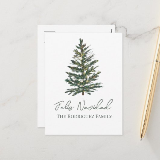 フェリズ・ナビダッド – メリークリスマスツリーとライト シーズンポストカード (正面/裏面インサイチュ)
