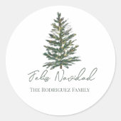 フェリズ・ナビダッド – メリークリスマスツリーとライト ラウンドシール (正面)