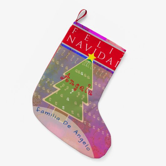 「フェリズ・ナビダッド」名前をカスタムする&メッセージ スモールクリスマスストッキング (正面 (吊り時))