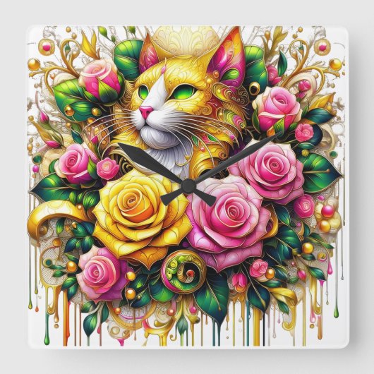 フェリンアミッドア鮮やかフローラ開花 スクエア壁時計 (正面)