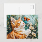フェルトで作られた牧草地の蝶を捕まえようとする猫 i ポストカード (正面/裏面)