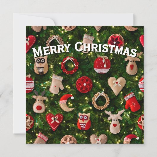 フェルトのオーナメントが付いたクリスマスツリー シーズンカード (正面)
