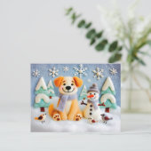 フェルトの犬が雪の中の雪だるまと鳥と遊ぶ ポストカード (スタンド正面)