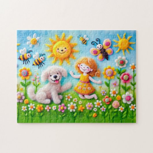 フェルトの犬と子供の花園遊び ジグソーパズル (横)
