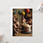 フェルトモンキーズ誕生日パーティフラットグリーティングカード カード (正面/裏面インサイチュ)