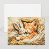 フェルト技法で作られたウールの中のうさぎと猫の眠り ポストカード (正面/裏面)
