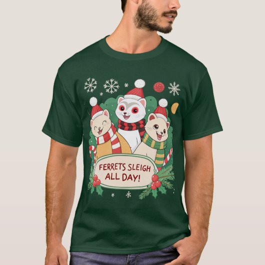 フェレットそり一日中クリスマスフェレットTシャツ Tシャツ (正面)