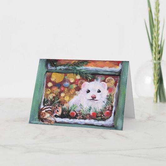 フェレットとチップマンクのクリスマス窓辺 シーズンカード (正面)