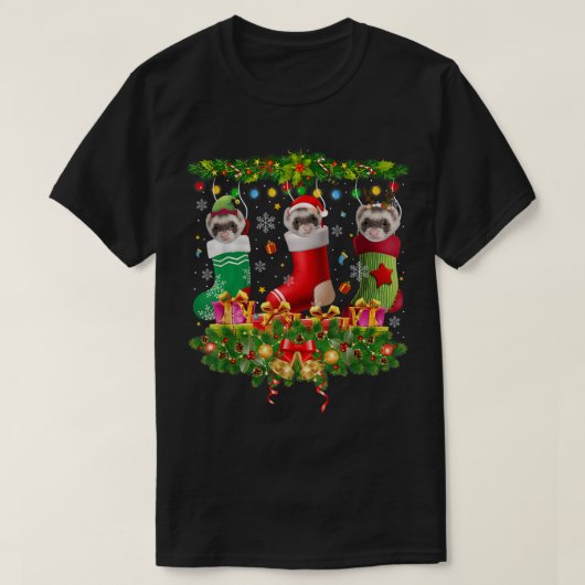 フェレットのクリスマスソックスとXmasライトのパジャマセット Tシャツ (デザイン正面)