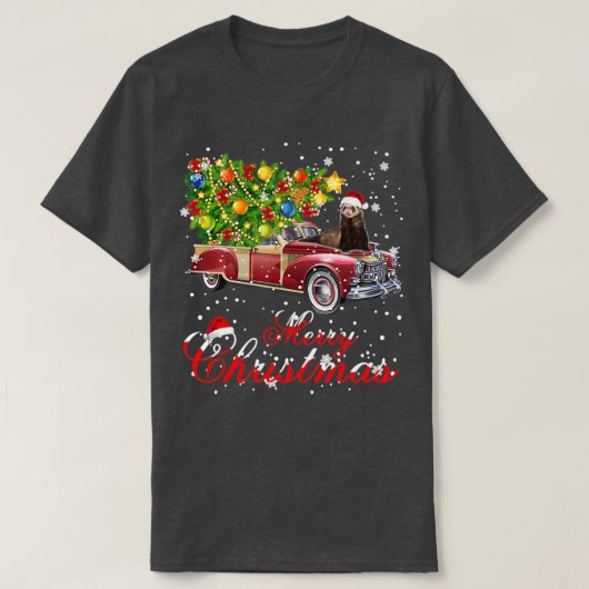 フェレット乗りレッドトラッククリスマスパジャマ Tシャツ (デザイン正面)