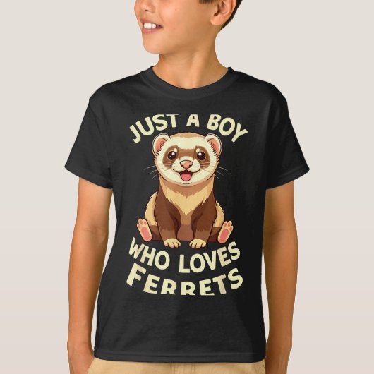 フェレット好きな少年 かわいい動物のイラスト Tシャツ (正面)