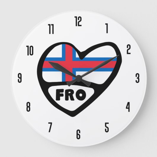 フェロー諸島国コードFRO国旗のハート ラージ壁時計 (正面)