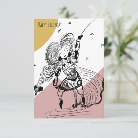 フェンシングガールドードルイラストレーション中世誕生日 カード (スタンド正面)