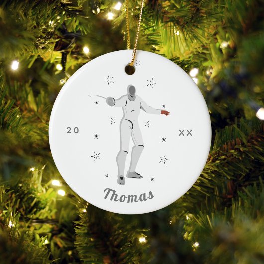 フェンシングシルエットフェンサーフェンスキッドズネームグレー セラミックオーナメント